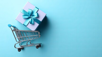 Top view of small shopping cart with a gift box on blue background minimal design with space for text