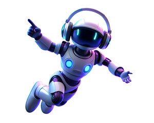 Futuristic robot with headphones pointing up isolated on transparent background