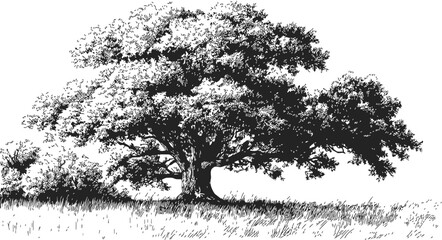 Tree sketch hand drawn large oak with detailed foliage in grassy field — stock vector