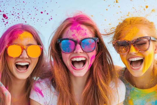 Three Women Laughing Together with Colorful Powder at Festival