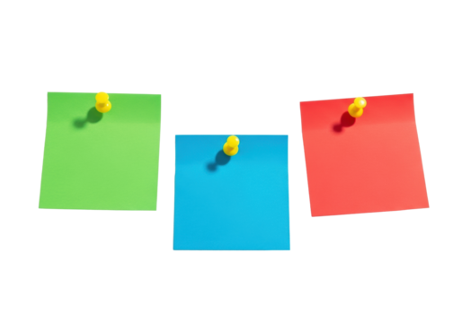 Three blank vibrant green, blue, red sticky notes with yellow thumbtacks on a transparent background, soft studio light, flat lay. Concept of task management and organization