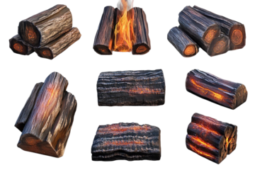 Stack of ablaze firewood isolated on transparent background