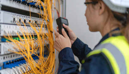 Engineer testing network cables in server. Technician checking fiber optic cables. Server technician at work on network. Server rack maintenance by IT professional. Engineer working, network equipment
