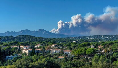 Fototapeta premium Smoky wildfire over Mediterranean town
