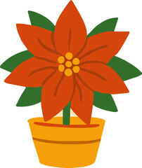 a red poinsettia flower in a yellow pot, with vibrant petals and green leaves.
