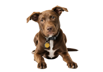 Cute chocolate brown adolescent Lab Australian Cattle Dog mix, soulful eyes, folded ear, dark grey collar, lying on white studio, happy attentive look, heartwarming pet companionship concept