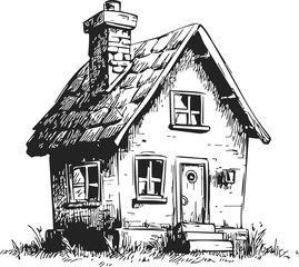 House sketch hand drawn vector with rustic roof and chimney in black and white — stock vector