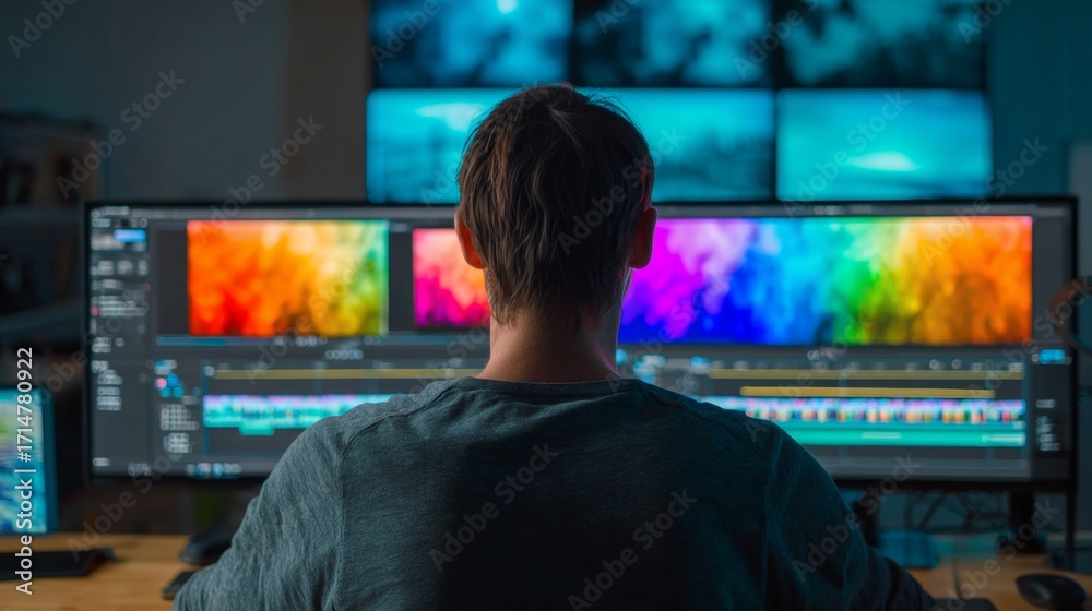 Wall mural this image captures a moment of modern technology use in a creative space. the central figure is sea