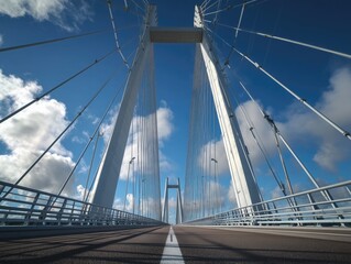 Obraz premium Modern cable - stayed bridge with towering pylons and steel cables against clear blue sky with clouds, showcasing sleek engineering and open road ideal for wallpaper, poster, or infrastructure design 