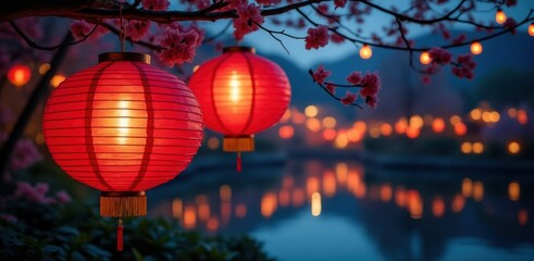 Glowing red lanterns illuminate a tranquil evening scene