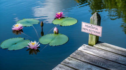 Tranquil pond with blooming water lilies and peaceful reflections near wooden dock