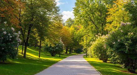 Urban Park Pathway with Benches, Trees, and Paved Tiles on a Clear Day