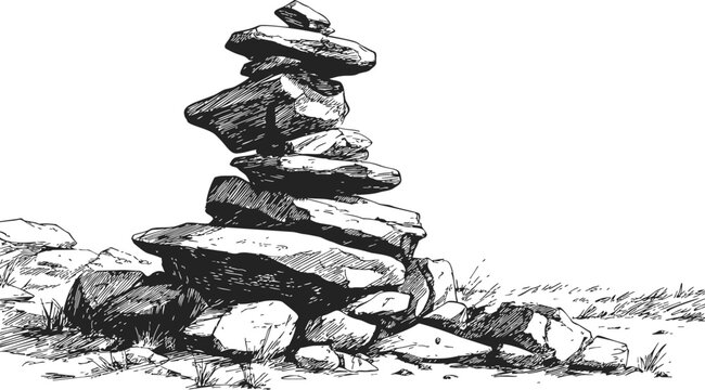 Rock cairn sketch, hand drawn stone stack on ground with grass &mdash; stock vector
