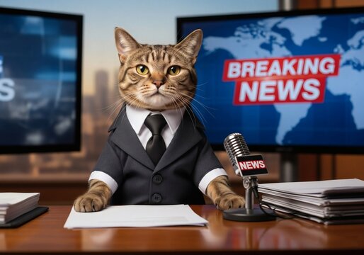 Tabby cat dressed as a news anchor in a suit and tie, sitting behind a news desk with a microphone - Powered by Adobe