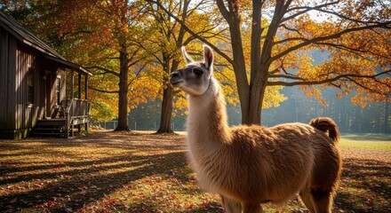 Autumn scene with a llama standing in a field near a cabin
