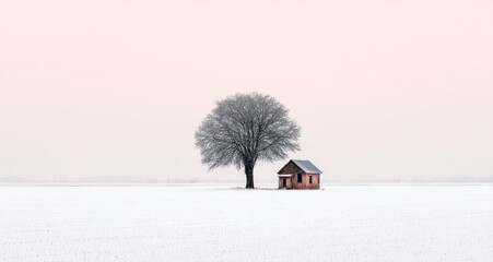 Solitary cabin winter landscape snowy field