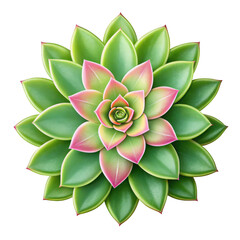 Top view of a vibrant green succulent plant with pink tips isolated on transparent background