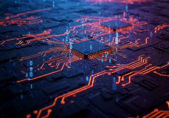 Dynamic circuit board with glowing orange pathways and data streams, perfect for tech projects