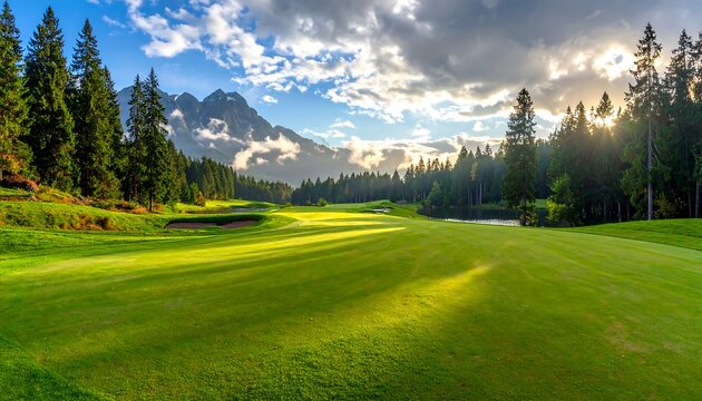 A serene golf course stretches across a valley, bathed in the golden light of a sunrise, with towering pines lining the edges and a distant mountain range.