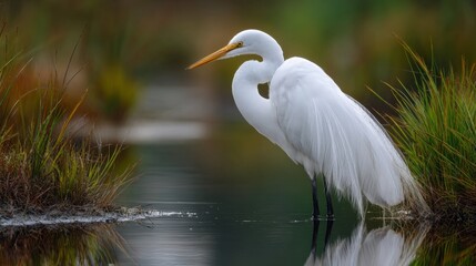 a serene moment in nature, featuring a large white heron perched near a shallow body of water. the heron, with its white feathers and long legs, is the focal point of the scene