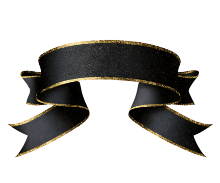 Elegant Black Ribbon Banner with Gold Glitter Edges Isolated on Transparent Background