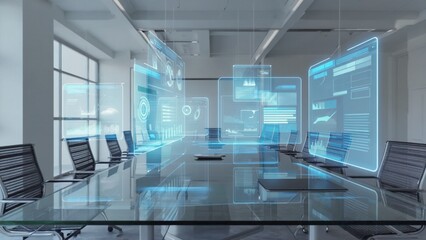 Futuristic Tech Startup Office with Holographic UI Above Conference Table