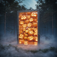 Foggy forest scene with a giant mirror reflecting glowing pumpkins and trapped ghostly hands.