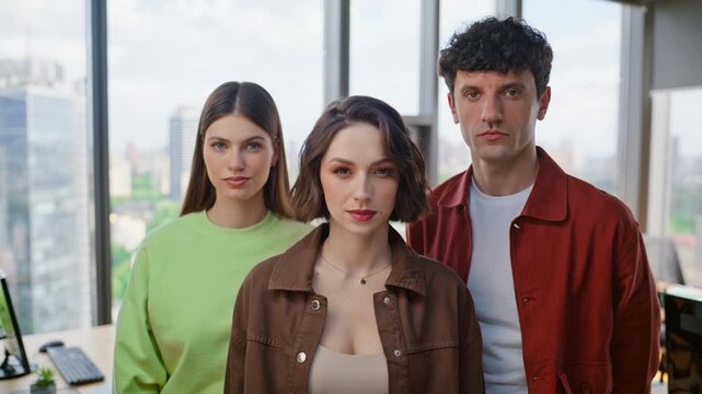 Diverse business people posing at office closeup. Colleagues looking camera