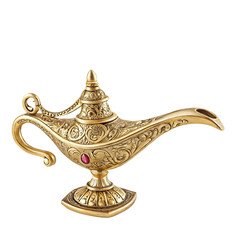 Fototapeta premium Antique golden genie lamp with intricate carvings and a mythical magical allure on dark background