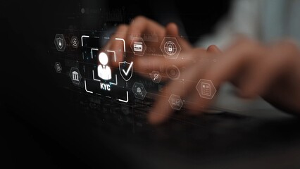 Digital KYC verification with biometric scan, ID authentication, and financial security icons...
