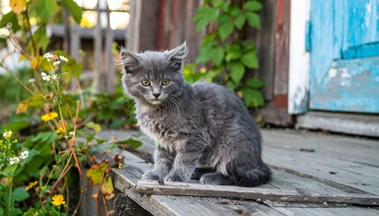 Gray kitten on weathered wooden porch