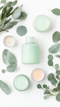 Serene Green Aesthetic with Candles and Eucalyptus Leaves Display
