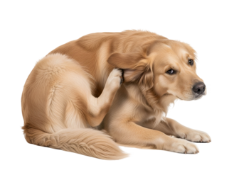 A golden retriever dog is scratching its ear, displaying a concerned and slightly irritated expression against a black background.
