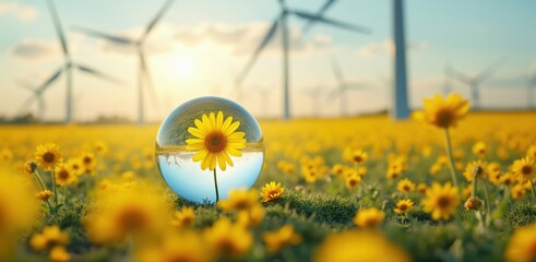 Sunflower in crystal ball amidst wind turbines and field
