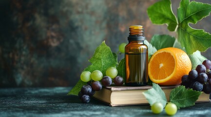 Essential Oil Bottle Surrounded by Fresh Fruits and Green Leaves on a Rustic Wooden Surface