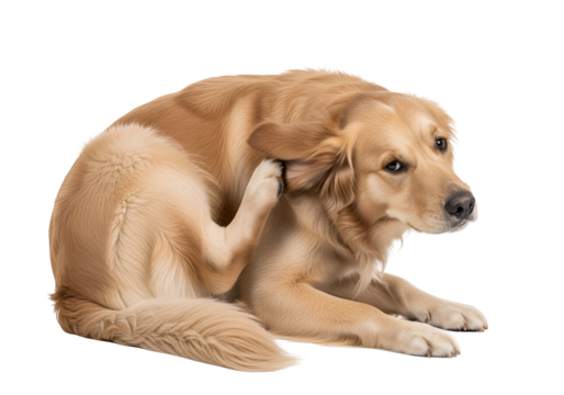 A golden retriever dog is scratching its ear, displaying a concerned and slightly irritated expression against a black background.