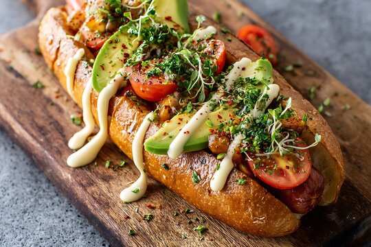 Delicious gourmet hot dog with avocado tomatoes and sprouts on a bun