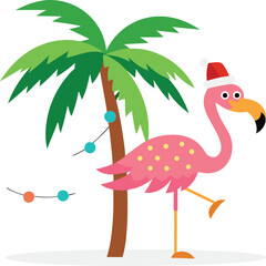 Festive flamingo in a santa hat under a palm tree © Riddhi