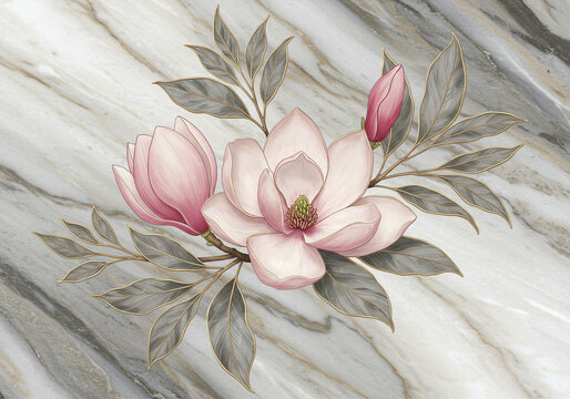 Elegant pink magnolia blooms with delicate leaves artfully arranged on a sophisticated marble background.