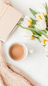 Cozy Morning Scene with Cup of Coffee and Fresh White Tulips