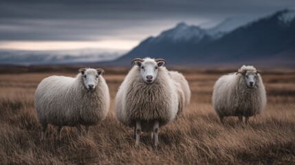 Fototapeta premium three sheep in a grassy field under a cloudy sky. they stand close together, facing towards the camera, positioned in the center of the frame