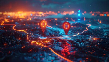Glowing GPS Location Pins on a Futuristic City Map.