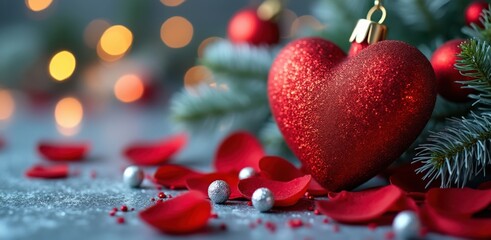 Romantic heart ornament with red rose petals and twinkling lights