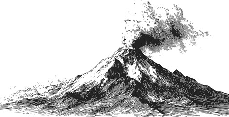 Obraz premium Volcano erupting sketch, hand drawn mountain with smoke and ash plume — stock vector