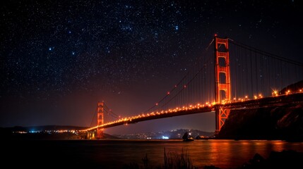 the photo captures the iconic golden gate bridge at night, illuminated against the backdrop of the san francisco skyline and bay area