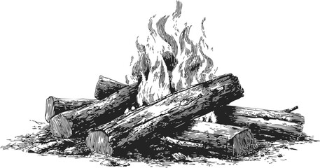 Campfire sketch hand drawn style with burning logs and flames &mdash; stock vector