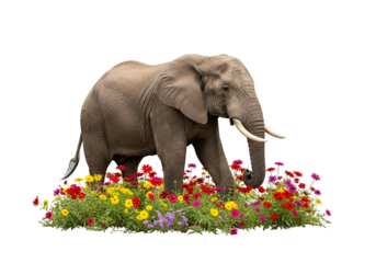 A magnificent elephant gracefully strolls amidst a vibrant array of colorful flowers, creating a captivating visual contrast against a striking black background.