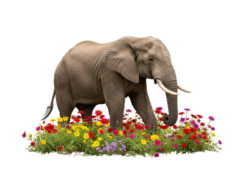 A magnificent elephant gracefully strolls amidst a vibrant array of colorful flowers, creating a captivating visual contrast against a striking black background.