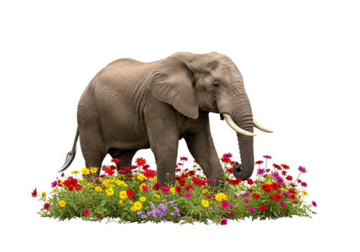 A magnificent elephant gracefully strolls amidst a vibrant array of colorful flowers, creating a captivating visual contrast against a striking black background.