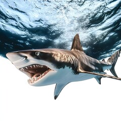 Naklejka premium Great white shark swimming underwater with mouth open